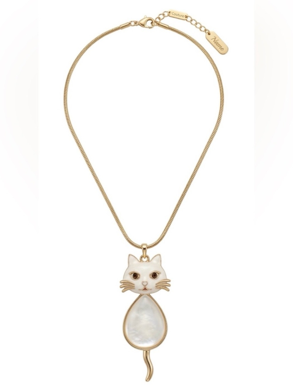 Natasha Couture Gold Cat Pendant Necklace with White Inlay Teardrop